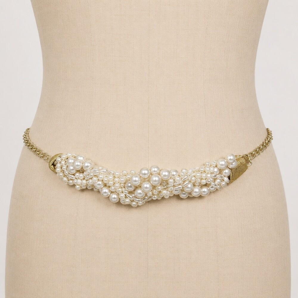 Vintage 80s Faux Pearl Cluster Net Belt Gold Tone Chain womens statement belt - Picture 9 of 9